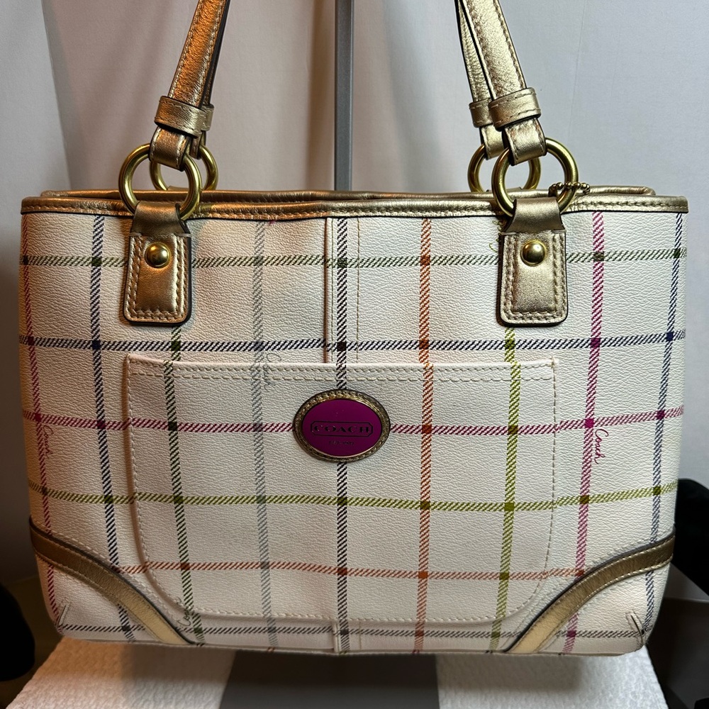 NWT Coach 2011 Tattersall ShopperTote with Gold Accents